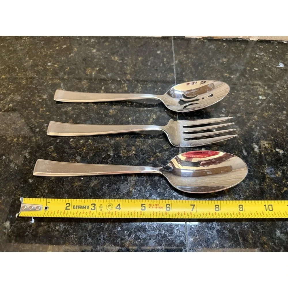 3 Pc Serving Set Mikasa Essex Stainless Flatware Spoon, Fork, & Slotted Spoon